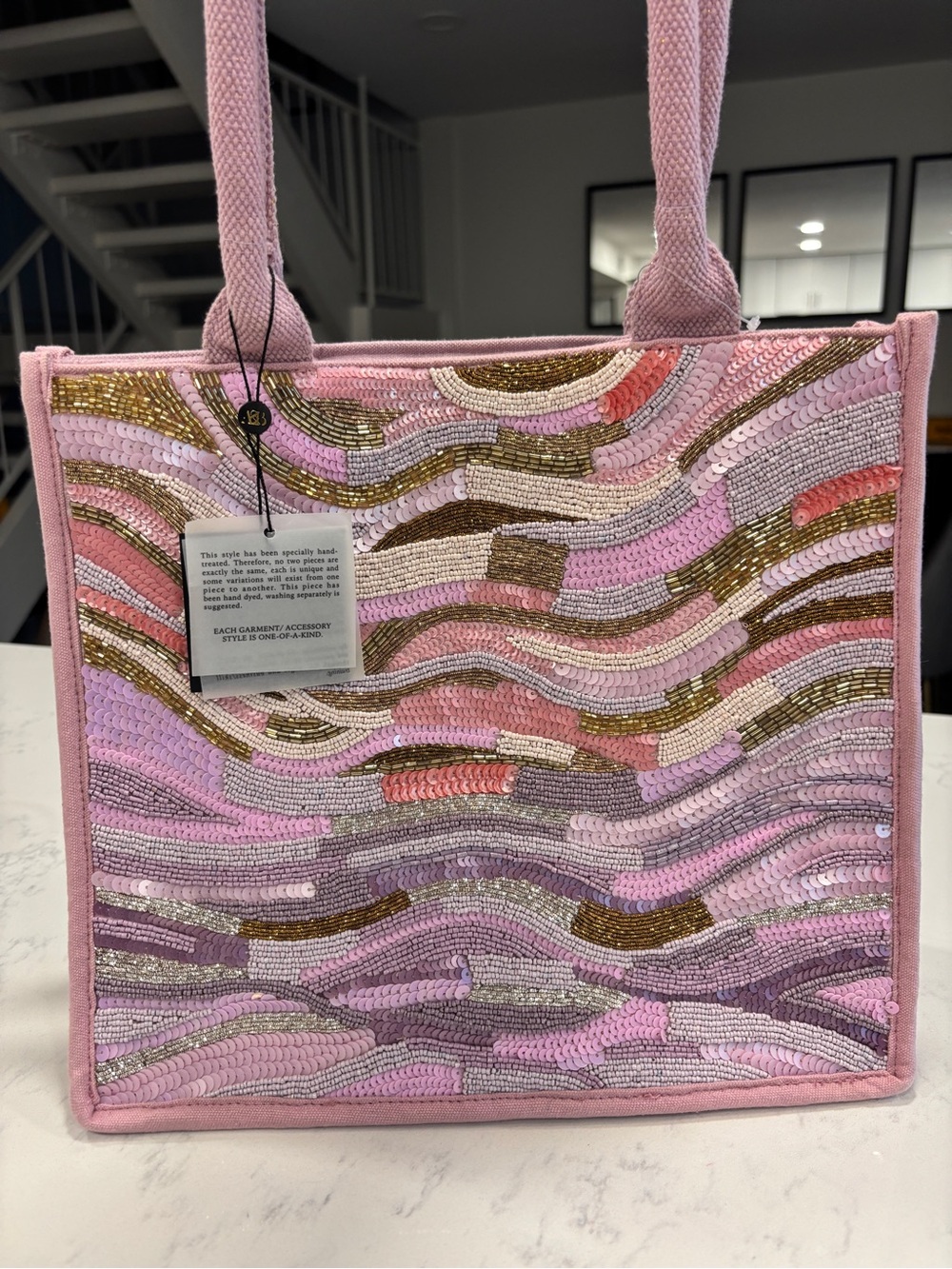 Pink Sequin Wave Tote Bag with Metallic Accents
